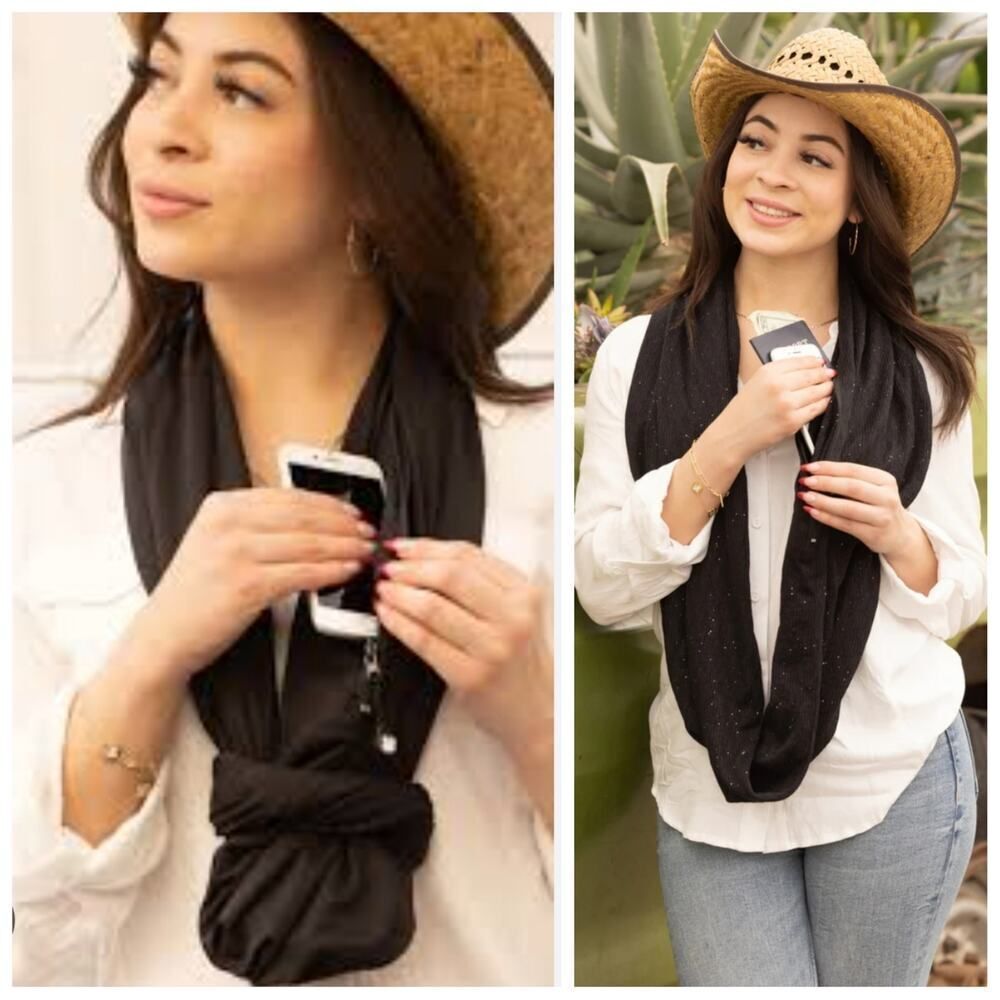 SHOLDIT black convertible infinity scarf with hidden pocket